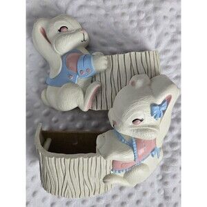 Vintage Easter 80's Burwood Wall Pockets Bunny Rabbit Wall Decor Basket Made USA